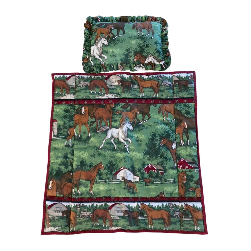 Vintage Doll Comforter & Pillow Set Handmade Horses doll accessories